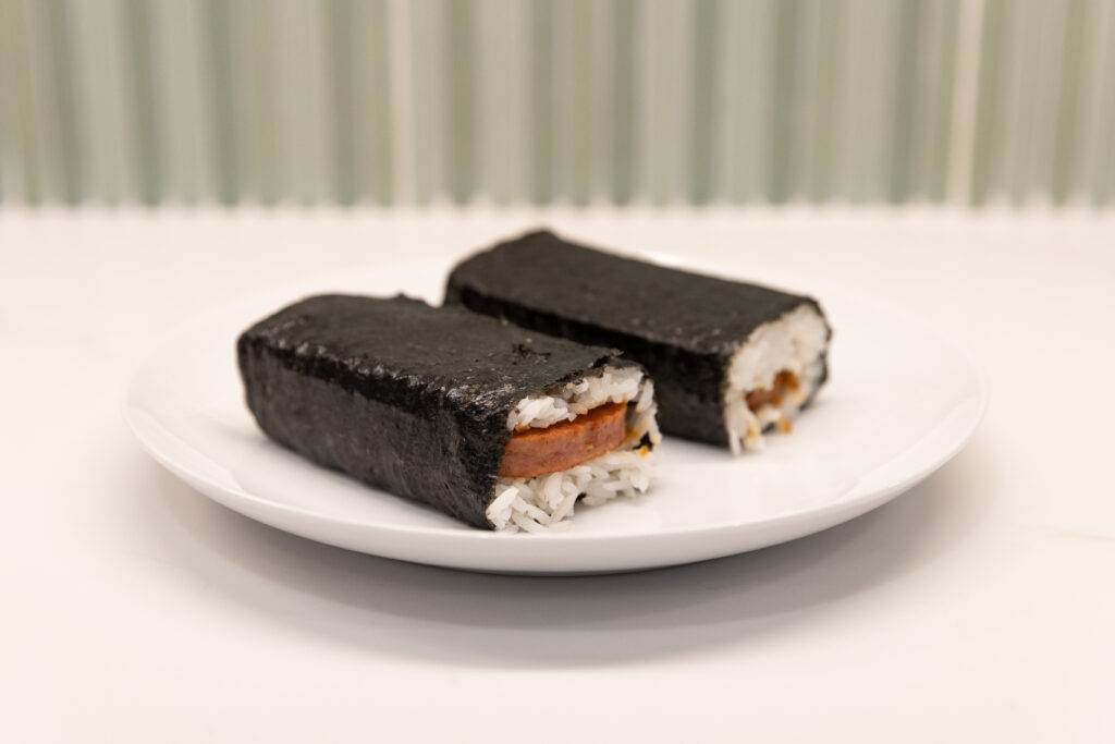 Two spam musubi on a plate