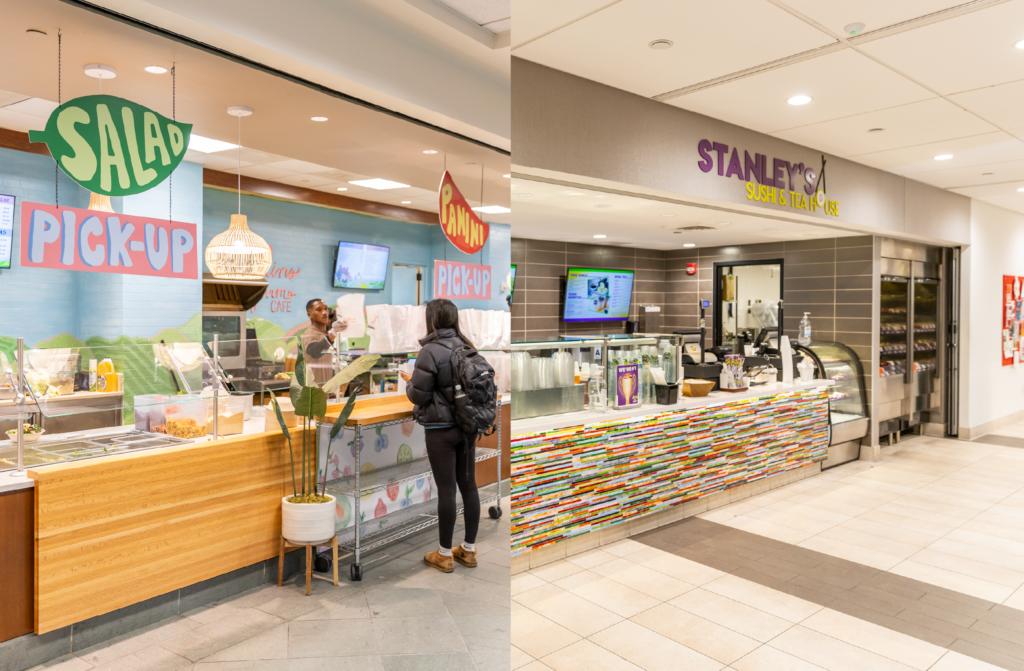 Collage image of Collins Farms and Stanley's Sushi ordering counters